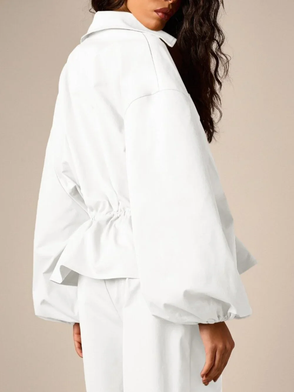 White Casual Women's Oversized Peplum Shirt With Balloon Sleeves